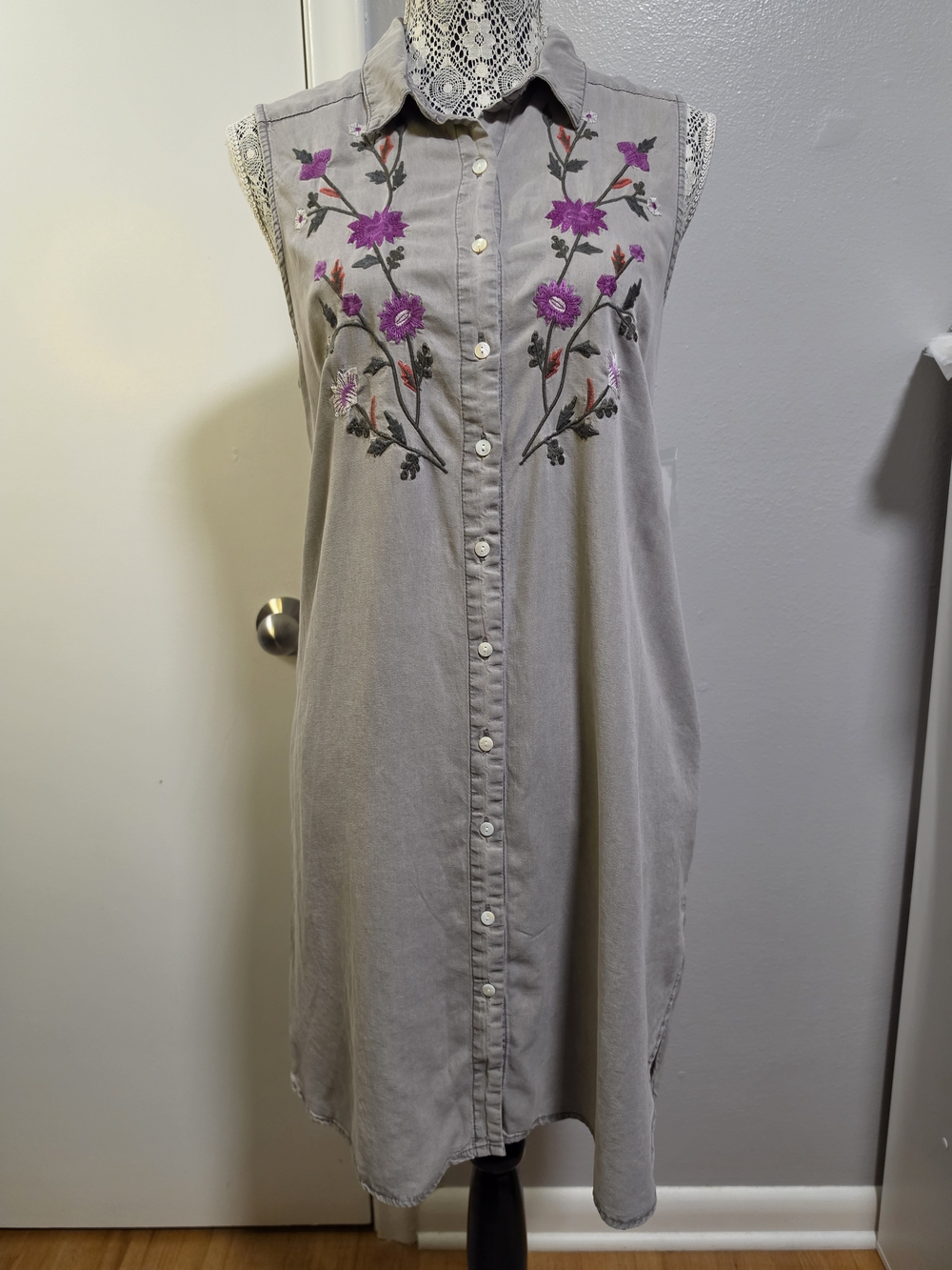 NWT Terre Bleue Lyocell Embroidered Shirt Dress Duster Gray Large